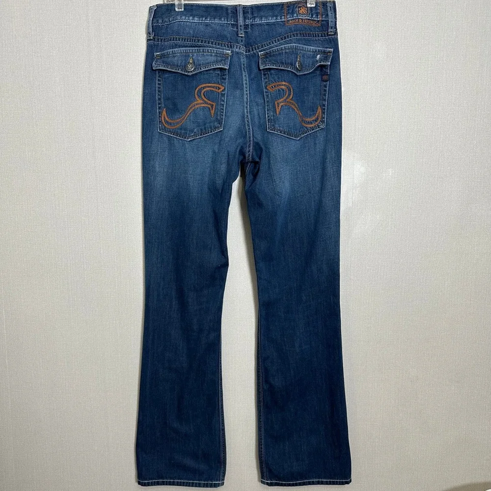Rock & Republic Mens 34x34 Bootcut Jeans Dark Blue Wash Distressed Flap Pockets